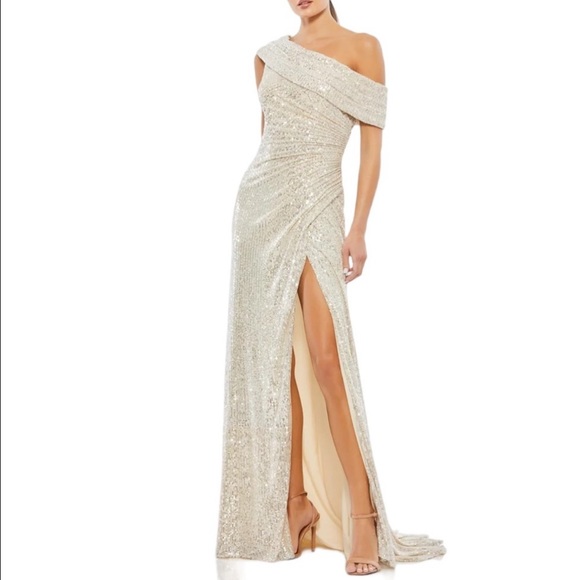 Mac Duggal Sequin Wrap One Shoulder Metallic Evening Gown Size 6 NeW - Picture 10 of 10